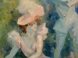 a painting of a woman and a man sitting on the ground