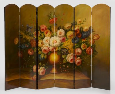 painting of a vase of flowers on a table in a room divider