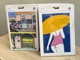 two pictures of a woman in a bathing suit with an umbrella