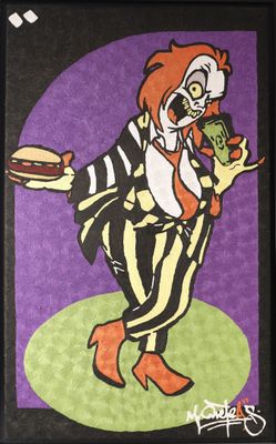 tableau représentant un clown en train de manger un hot-dog, un sandwich à la main