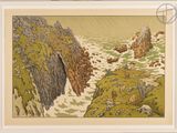 an image of a picture of a painting of rocks and water