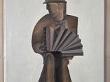 a painting of a man holding a fan on a tile wall