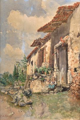 une image représentant un tableau où l'on voit une femme assise devant une maison