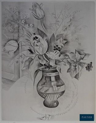un dessin représentant un vase avec des fleurs à l'intérieur