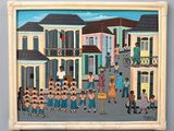 peinture d'un groupe de personnes marchant dans une rue devant un bâtiment