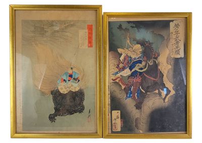deux tableaux asiatiques encadrés représentant un homme à cheval et une femme à cheval