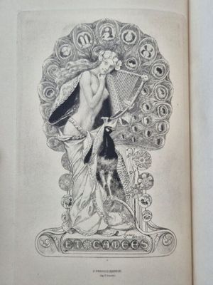 un vieux livre sur lequel figure le dessin d'une femme tenant un éventail