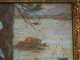 a painting of a sailboat on the water by a tree