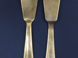 pair of gold plated serving utensils on a blue background