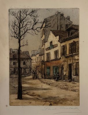 dessin représentant une scène de rue avec des bâtiments et un arbre au premier plan