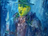 une peinture à l'huile représentant un homme portant un chapeau vert et tenant une bougie