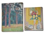 two paintings of flowers in vases on a table in front of a yellow wall