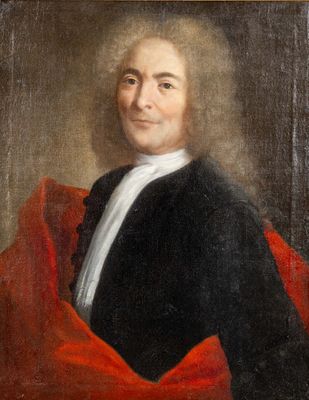 un tableau représentant un homme en costume noir et cape rouge
