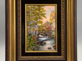 une peinture représentant un ruisseau dans une zone boisée, avec des arbres