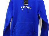 a blue hoodie with a white logo on it