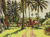 une image représentant un tableau d'un chemin de terre bordé de palmiers