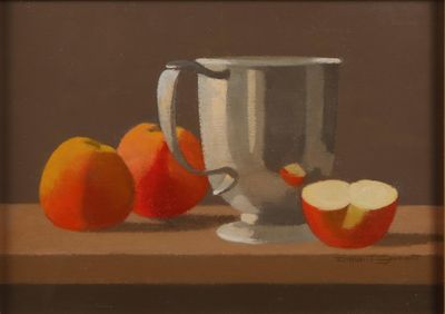 un tableau représentant une pomme et une orange posées sur une table