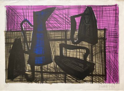 dessin violet et noir représentant une chaise et un vase posés sur une table