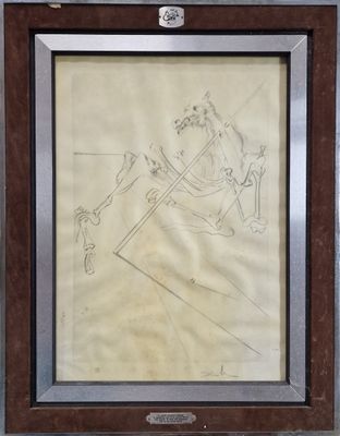 un vieux dessin représentant un homme tenant une épée, encadré dans un cadre en bois