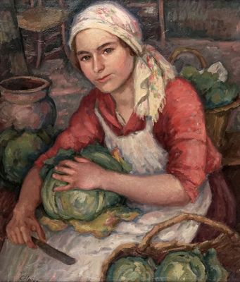 tableau représentant une femme vêtue d'une chemise rouge et d'un tablier blanc, tenant un bouquet de choux