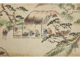 chinese painting of people sitting outside a hut on a hill
