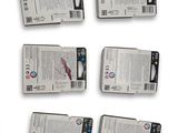 six different ink cartridges in a row on a white surface