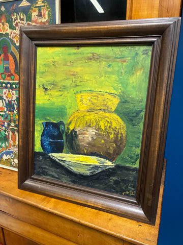 École du 20e siècle « Nature morte au vase, pichet et plat ». Hui...
