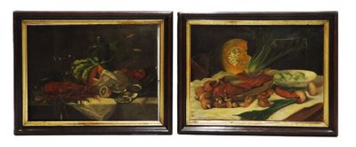 pair of oil paintings of fruit and vegetables on a table