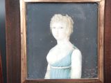 a painting of a woman in a blue dress in a wooden frame