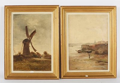 deux tableaux représentant un moulin à vent et un bateau sur l'eau