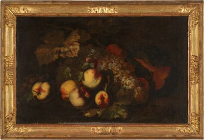tableau représentant une nature morte composée de fruits et de fleurs, dans un cadre doré