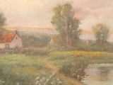 painting of a river with a house and trees in the background