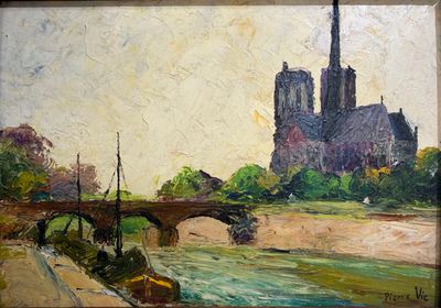 École du XXème siècle. Notre dame Huile sur carton, signé en…