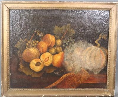 an oil painting of a still life of fruit and vegetables on a table