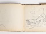 an open book with a drawing of a church on it