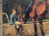 a painting of a man sitting on a bench next to a horse