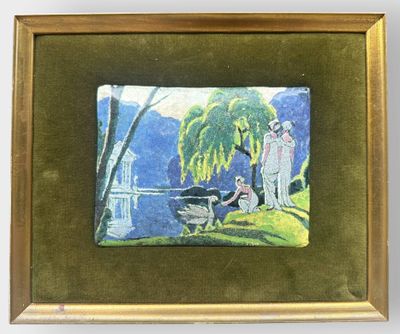 painting of a couple sitting on a bench by a lake