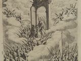 an image of a drawing of a group of people standing around a gate