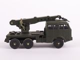a toy army truck with a crane on the back of it