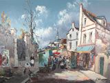 a painting of a street scene with people walking down the street