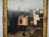 painting of a man sitting at a table in a room with a cat