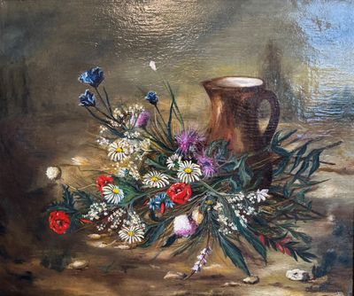 a painting of a vase and flowers on a table