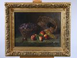 painting of a basket of fruit on a table next to a basket of grapes