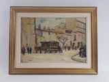 peinture à l'huile encadrée représentant une scène de rue avec un tramway au premier plan