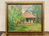 une peinture à l'huile représentant une petite cabane dans un décor tropical