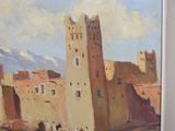 painting of a painting of a castle with a mountain in the background