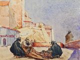 tableau représentant un couple assis sur un bateau sur une plage