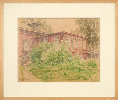 une image représentant un tableau d'une maison rouge dans un jardin