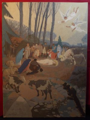 un tableau représentant une crèche avec des anges et des moutons