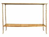 une console en métal et en bois avec une étagère en dessous